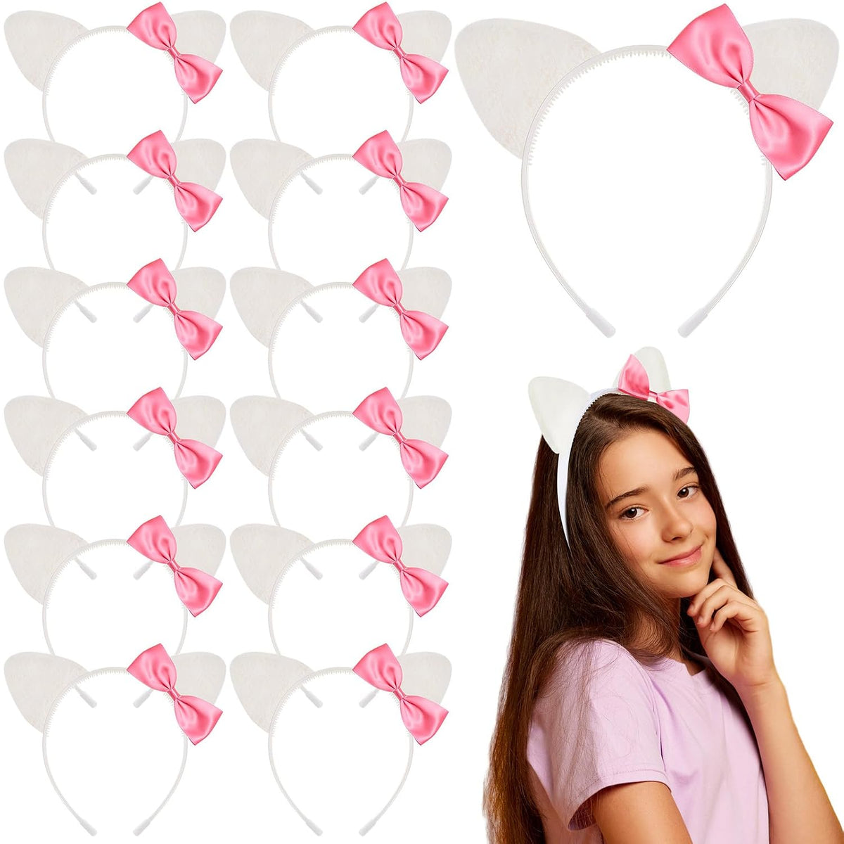 12 Pcs Kitty Cat Ears Headbands Gift Pink Bow Kitty Birthday Party Favor Cute Red White Kawaii Kitten Bow Decoration(Pink,Classic)