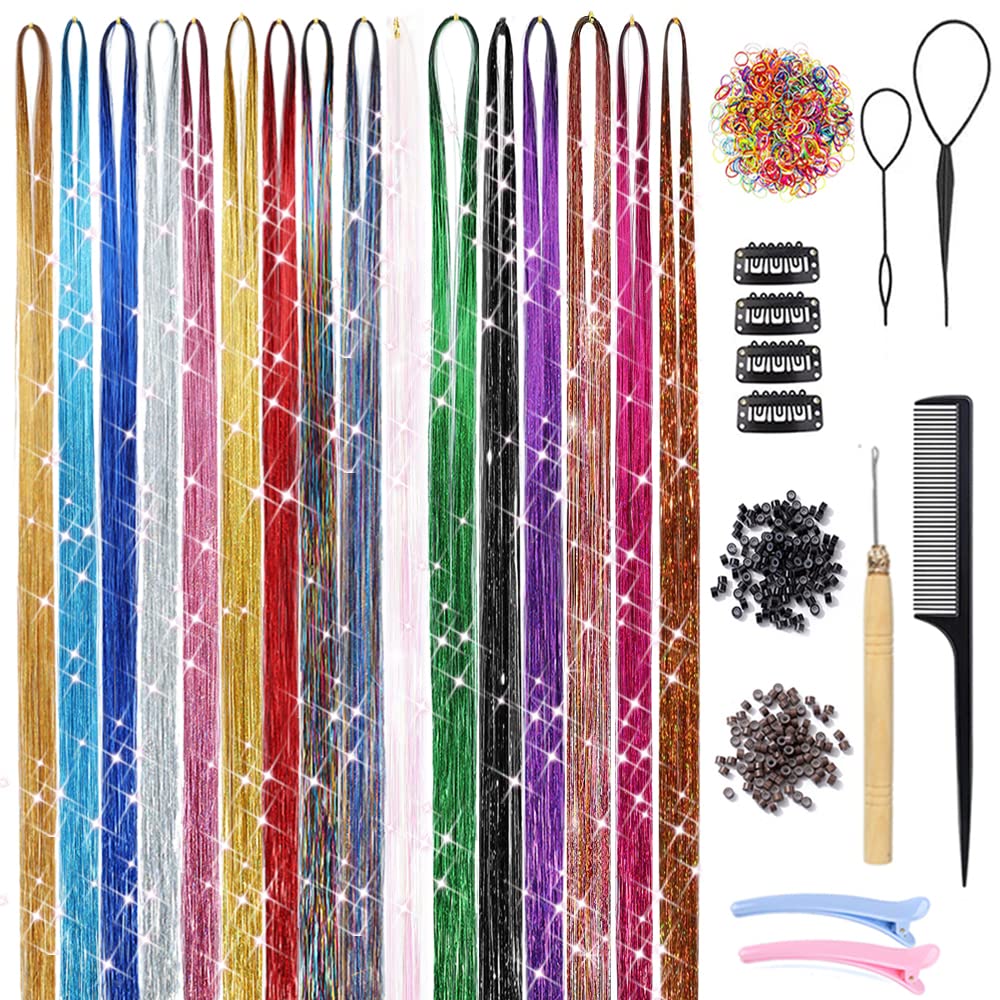 Hair Tinsel Kit with Tools 16 Colors 3200 Strands Glitter Tinsel Hair Extensions Heat Resistant Sparkling Shiny Fairy Hair Accessories for Women Girl Kids 47Inch