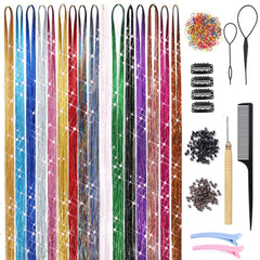 Hair Tinsel Kit with Tools 16 Colors 3200 Strands Glitter Tinsel Hair Extensions Heat Resistant Sparkling Shiny Fairy Hair Accessories for Women Girl Kids 47Inch