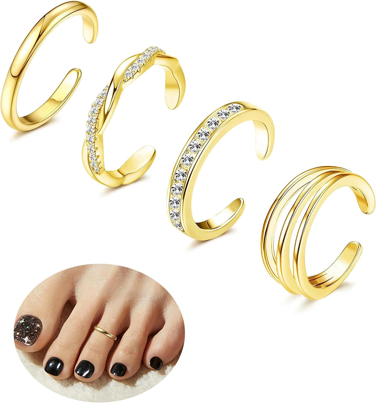 4PCS 14K Gold Plated Toe Rings, White Gold Plated Toe Rings for Women Hug CZ Triple Twist Simple Band Open Toe Rings Beach Foot Jewelry Adjustable