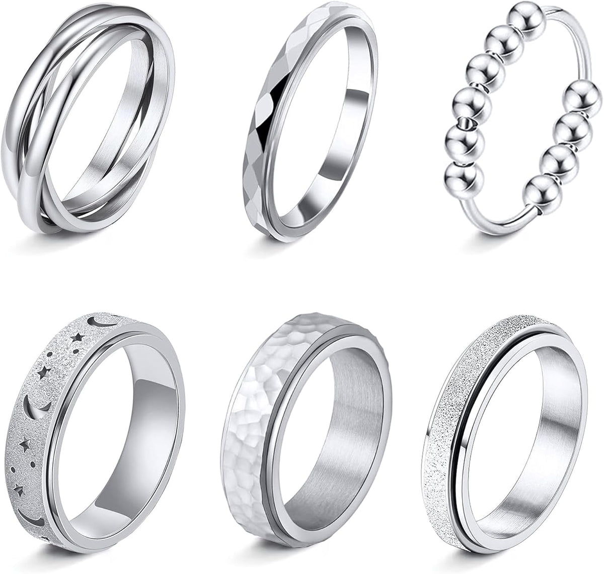 Fidget Rings for Anxiety 6pcs Stainless Steel Spinner Ring Anti Anxiety Ring Spinning Moon Star Cool Stress Relieveing CZ Band Rings Set for Women Men