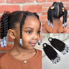 YOROSTAR 2 Pieces Kids Ponytail With Beads 6inch Two-Strand Twists Braided Ponytails for Kids Braids with Beads Protective Braided Hairstyles for Black Girls(Rose Red Beads)