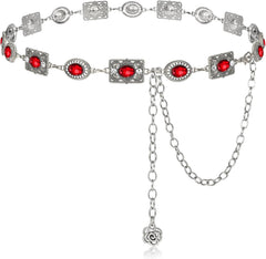 Women Western Concho Chain Belt Vintage Rhinestone Gems Boho Metal Waist Chain Jeans Dress Daily Concert Halloween