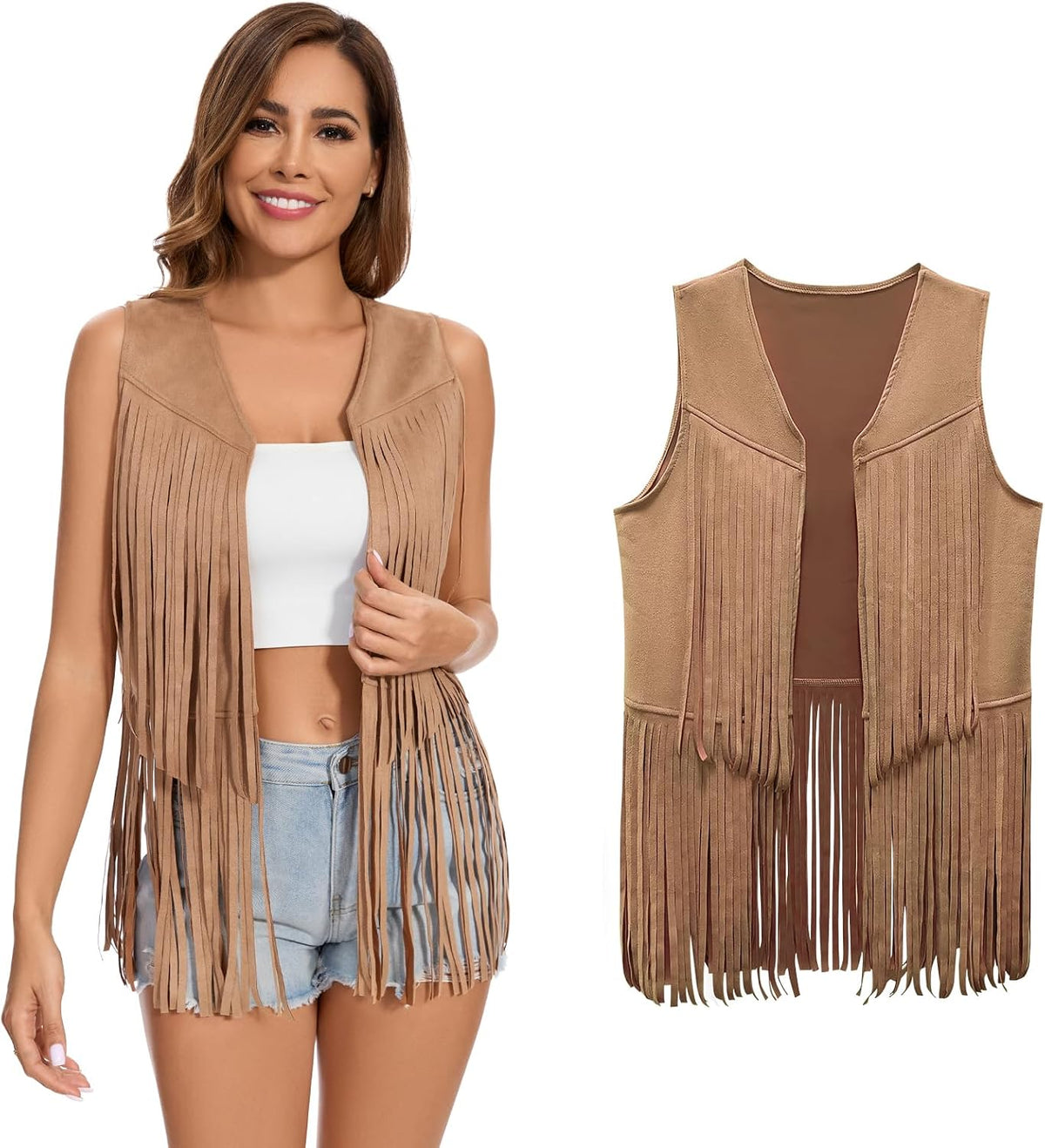 Women's Fringe Vest 60s 70s Hippie Vest Sleeveless Cowgirl Western Faux Suede Tassel Leather Jacket Hippie Party