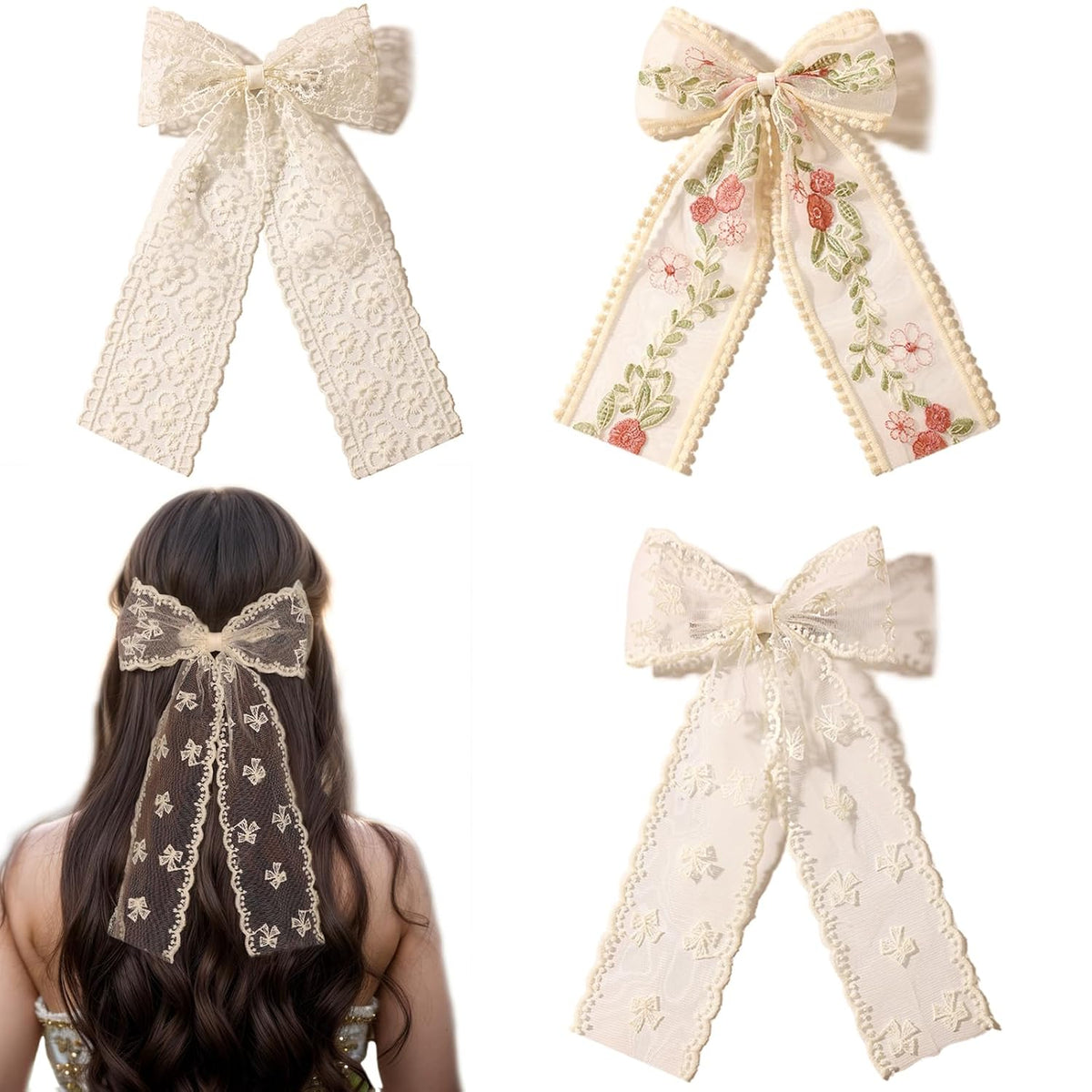 LFOUVRE Beige Lace Hair Bows with Embroidered Flowers - Bowknots, Barrettes, and Hair Clips with Long Tails for Women (3pcs)