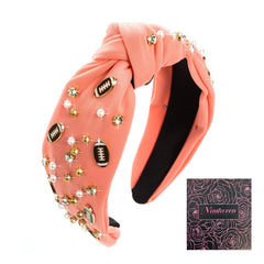 Women's Fashion Football Headband Black Red Orange Blue Pearl Rhinestone Jeweled Knotted for Girl's Fashion Cute Wide Headband for Mother's Day,Christmas,Birthday Gift