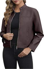 Zip Leather Jackets for Women Motorcycle Faux PU Moto Biker Outerwear Coat Mock Neck Long Sleeve Fashion Jackets