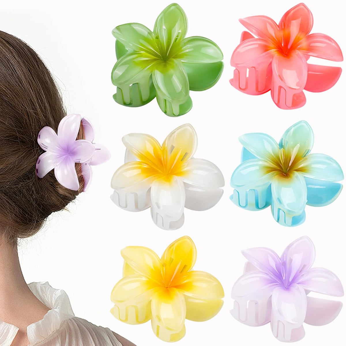 HAPTIME 10 Pack Flower Claw Clips for Women, Preppy Hair Clips, Plumeria Hair Clip, Hawaiian Flower Hair Clips, Gifts for Women Teen Girls