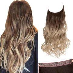 SARLA Invisible Wire Hair Extensions with 3 Clips Long Synthetic Wavy Curly Hairpiece Adjustable Transparent Headband for Women 18 Inch Ash Medium Brown/Ash Blonde Highlights