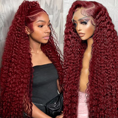 30 Inch Burgundy Wig Human Hair 99j Burgundy 13x6 Deep Wave Lace Front Wigs Human Hair Pre Plucked HD Transparent Lace Frontal Wigs for Black Women Red Colored Wig