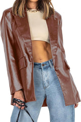 Women Faux Leather Blazer Jacket Oversized Long Sleeve PU Coat Blazer Motorcycle Shacket Outerwear