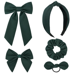 DEEKA 5 Styles Uniform Plaid Long Tail Hair Bows Knotted Headband Scrunchies Bow Set Alligator Clips Back to School Accessories for Toddler Little School Girls (Dark Green, Navy, Red&Yellow 5 Styles)
