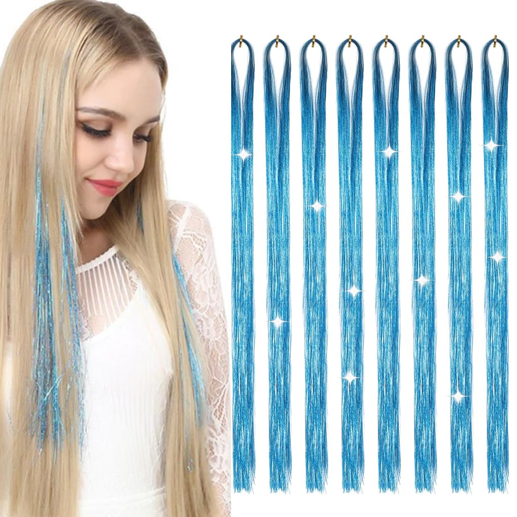 Hair Tinsel 50inch 8packs 1600 Strands White Tinsel Hair Extensions Shiny Hair Accessories Sparkling Fairy Glitter Hair Extension for Women Girls Kids(50",White)