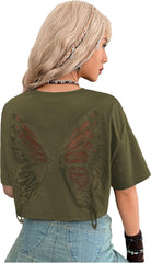 Verdusa Women's Butterfly Mesh Fairy T Shirts Drop Shoulder Goth Crop Tops