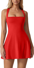 QINSEN Womens Square Neck Tennis Dress Sleeveless Built in Shorts Golf Athletic Dress with Pockets