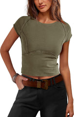 SENSERISE Womens Crop Tops Tight T Shirts Cap Sleeve Basic Tees Slim Fit Baby Tees Y2k Clothes Fall Outfits