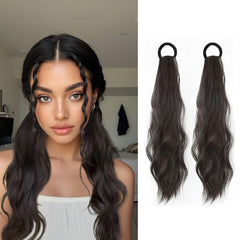 2PCS Curly Ponytail Extension with Hair Tie Hair Natural Wig Elastic Band Wave Fake Ponytail Wigs Accessories for Women Daily 17 Inch (brown)