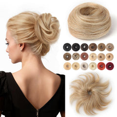Fullart Messy Bun Hair Piece 100% Real Human Hair #1 Jet Black 1 Count Wavy Tousled Smooth Stretchy Fluffy Donut Updo Elastic Rubber Band Human Hair Bun Extension Chignons Scrunchies