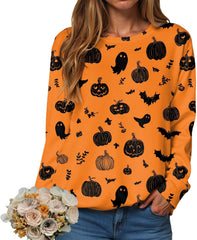 Halloween Sweatshirts for Women 2025 Black Cat on Pumpkin Sweatshirt Fall Pumpkin Face Tee Lightweight Pullover Tops