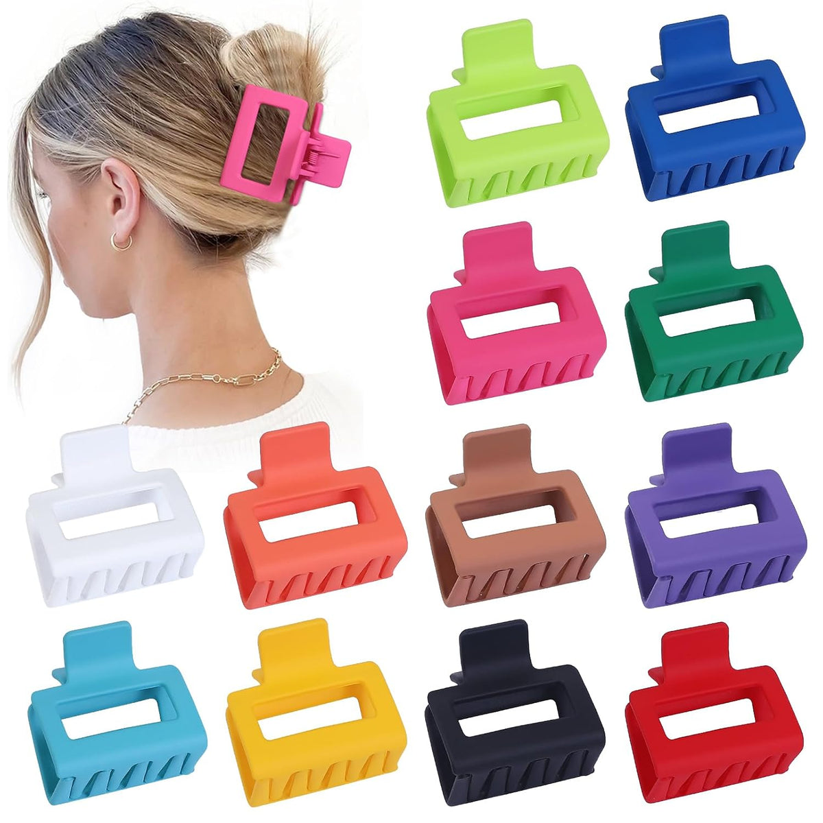 2 Inch Medium Hair Claw Clips 12 Pcs Square Hair Clips for Thin Hair Matte Nonslip Acrylic Banana Jaw Clips Bulk Hair Accessories for women and Girls - Colorful