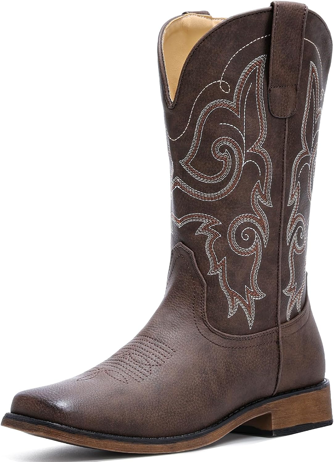 IUV Cowboy Boots For Women Square Toe Western Boots Mid Calf Cowgirl Boots Pull On Fashion Embroidered Cowboy Boots