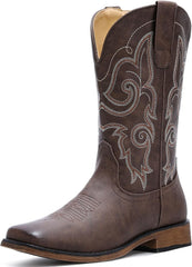 IUV Cowboy Boots For Women Square Toe Western Boots Mid Calf Cowgirl Boots Pull On Fashion Embroidered Cowboy Boots