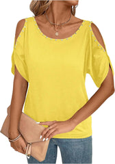 Verdusa Women's Cold Shoulder Beaded Blouse Top Elegant Summer Scoop Neck Dressy T Shirts Tops