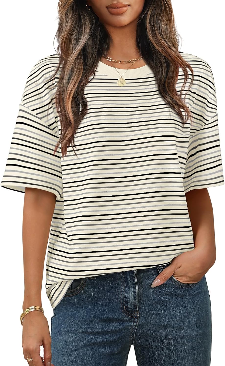 MEROKEETY Women's Summer Short Sleeve Shirt Casual Colourful Striped Crewneck Loose Tops Blouse