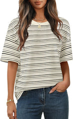 MEROKEETY Women's Summer Short Sleeve Shirt Casual Colourful Striped Crewneck Loose Tops Blouse