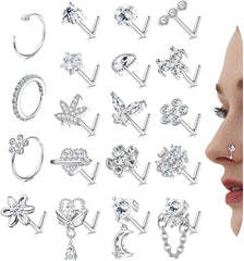 Drperfect Nose Rings L Shaped Nose Studs Ring Hypoallergenic Stainless Steel Nose Ring-Dangle CZ Butterfly Flower Nose Studs Hoops Piercings Jewelry Gift for Women Men 20G Pink/Blue/Clear