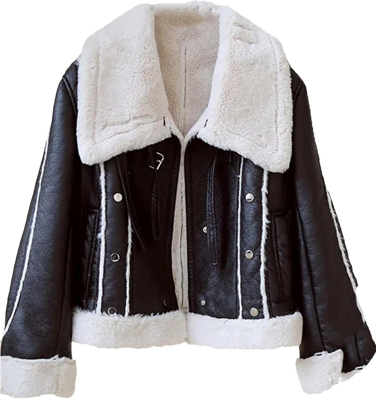 Women Vintage Loose Thicken Warm Faux Leather Jacket Winter Spliced Single Breasted Fur Outwear