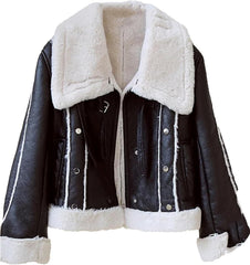 Women Vintage Loose Thicken Warm Faux Leather Jacket Winter Spliced Single Breasted Fur Outwear