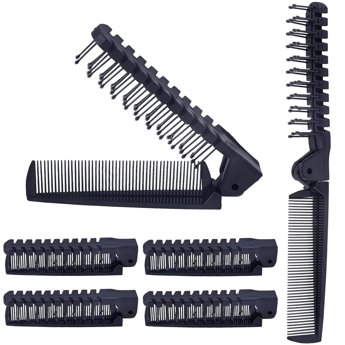 6PCS Travel Folding Hair Brush and Comb Set, Anti-Static Mini Pocket Combs for Men & Women (Black, Plastic)