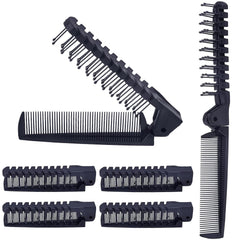 6PCS Travel Folding Hair Brush and Comb Set, Anti-Static Mini Pocket Combs for Men & Women (Black, Plastic)