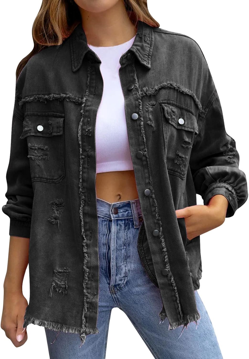 Women's Denim Jackets Trendy Ripped Oversized Denim Jacket Casual Long Boyfriend Distressed Denim Jacket