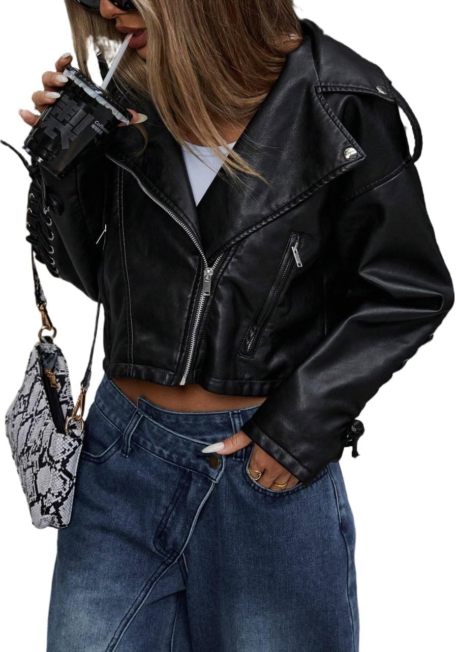 Casual jackets for women Retro Style Cropped PU Leather Jacket With Straps, Cool Design