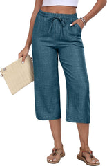 Womens Capri Pants Summer Elastic Waist Casual Business Pants Loose Work Lounge Trousers with Pockets