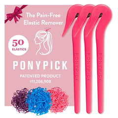 THE PONY PICK Hair Elastic Rubber Bands Cutter Tool Easy To Use, Pain Free, No Hair Damage Ponytail Cutter Tool for Kids & Toddlers (3 Picks & 50 Clear Hair Elastics)