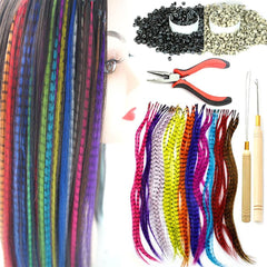 Synthetic Feather Hair Extensions for Women 16 Inch Hairpieces With100pcs Silicone Micro link Beads And 2 Crochet Hooks Hair Feathers with Tools Kit (16'', 12 feather mix colors)