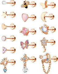YADOCA 16Pcs Dangle Cartilage Earrings for Women Men Stainless Steel Tragus Stud Earrings 16G and 20G Butterfly Heart CZ Opal Flat Back Earrings Cartilage Tragus Conch Helix Daith Piercing Jewelry