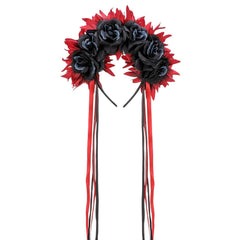 Death of the Day Flower Headband, Mexican Black Red Rose Flower Crown with Ribbon, Dia De Los Muertos Floral Headpiece for Mexican Festival Costume Halloween Cosplay Hair Accessories