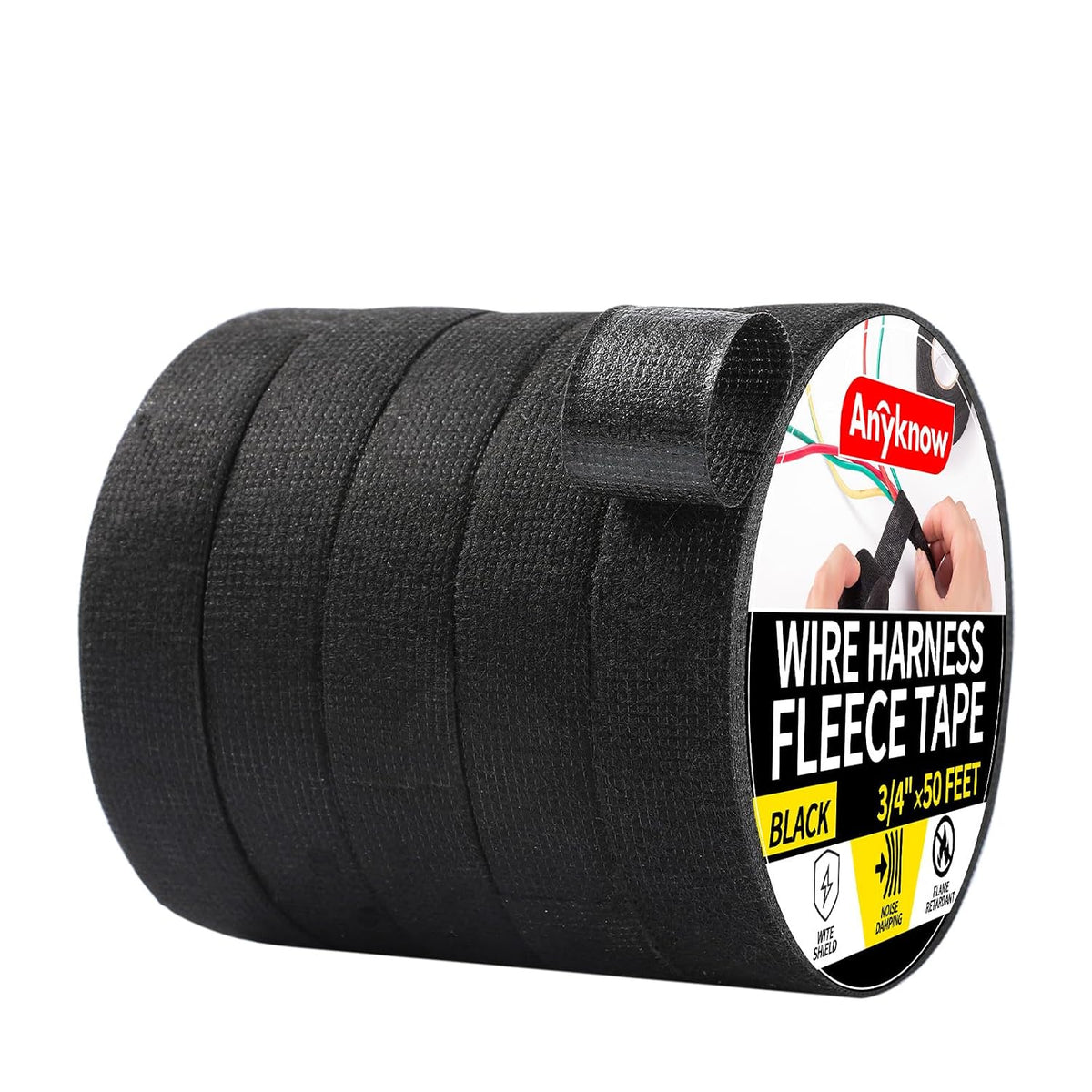 Self-Fusing Wire Harness Tape and Harness Wrap - Fabric Tape, Heat Resistant for Automotive Wiring Harness, Wire Loom Protection with Anti-Abrasion & Noise Reduction (1 Inch x 50 Ft, 5 Rolls, Black)
