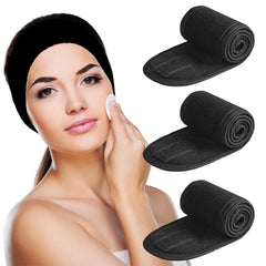 Denfany Spa Headband 3 Pack Ultra Soft Adjustable Face Wash Headband Terry Cloth Stretch Make Up Wrap for Face Washing, Shower, Facial Mask, Yoga (Black + White + Grey)