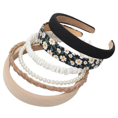 6PK Different Designs Headbands for Women Non Slip Flower Black White Solid Headband Set Cute Pearl Hair Band for Girls Twisted Hairband