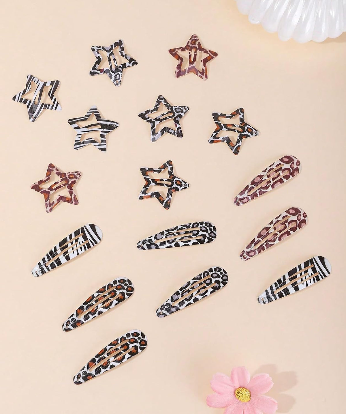 Metal Snap Hair Clips,8 Pairs Hair Barrettes for Women - Star & Water Drop Hair Barrettes, Non-Slip Y2K Accessories for Thin Thick Hair,Pink and Brown Leopard Print