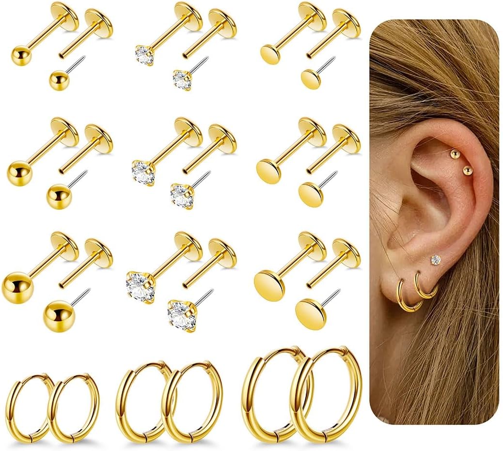 12 Pairs 20G 316L Stainless Steel Threadless Stud Earrings for Multiple Piercing Small Huggie Hoop Earrings Flat Back Tiny Stud Earring for Cartilage Helix Tragus Lobe