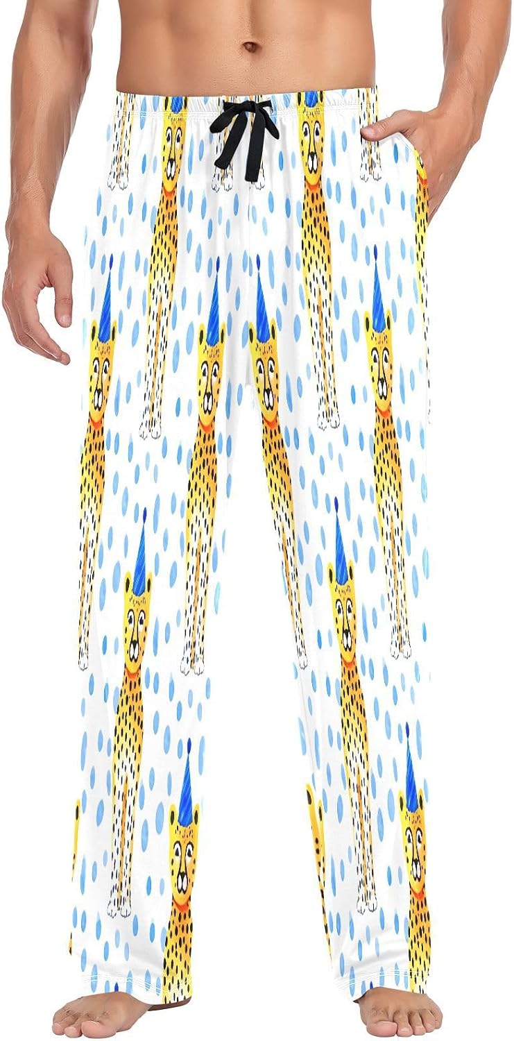 Qilmy Cartoon Cheetahs Men's Cotton Pajama Pants, Lightweight Lounge Sleepwear with Drawstring and Pocket