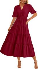 PRETTYGARDEN Women's Summer Casual Short Sleeve V Neck Midi Dresses 2025 Spring A-line Tiered Wedding Guest Dress