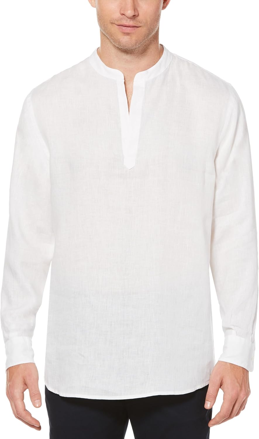 Perry Ellis Men’s Long Sleeve 100% Linen Popover Shirt with Banded Collar, Solid Lightweight & Breathable Fabric, Versatile