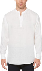 Perry Ellis Men’s Long Sleeve 100% Linen Popover Shirt with Banded Collar, Solid Lightweight & Breathable Fabric, Versatile